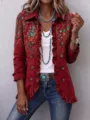 Cardigan femme vintage imprimé floral manches longues à volants et boutons haut automne - S / Hauts / Rouge Bohème