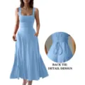 Detailed view of the elegant summer sleeveless square neck solid color maxi dress with back tie. - Sky Blue