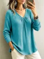 Damen Langarm V-Ausschnitt Gerippt Casual Lose Einfarbig Top Herbst Mode Bekleidung - S / Oberteile / Seeblau