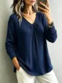 Women casual long sleeve V-neck ribbed knit top solid color loose basic pullover sweater - Navy Blue