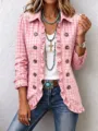 Gilet cardigan rose à carreaux volants manches longues bouton pour femme automne mode - S / Hauts / Gingham Rose