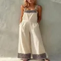 Detail view of the ethnic geometric embroidered linen blend wide leg overalls jumpsuit. - S / Top And Bottom / Apricot