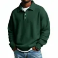 Polo à Manches Longues en Tricot Gaufré pour Homme Automne Casual Uni Mode Tendance - M / Hauts / Vert Foncé