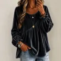 Top élégant femme velours manches longues col rond ample plissé uni automne mode chic - S / Hauts / Noir