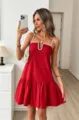 Elegant red slip dress with white wave trim detail, perfect for summer casual wear and daily styling. - S / Dresses / Red