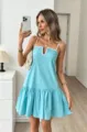 Elegant light blue cami mini dress with white scalloped trim and tiered ruffle hem details. - S / Dresses / Sky Blue