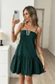 Dark green spaghetti strap dress with white scalloped trim and ruffle hem detail. - S / Dresses / Dark Green
