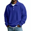 Polo à manches longues en tricot gaufré pour homme, haut uni style décontracté américain détail. - M / Hauts / Bleu