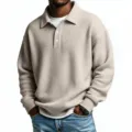 Chemise polo à manches longues en tricot gaufré pour homme, haut décontracté uni automne. - M / Hauts / Abricot