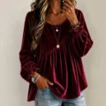 Blouse ample à manches longues en velours pour femmes, haut décontracté col rond plis asymétriques. - S / Hauts / Bordeaux