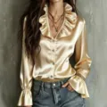 Women satin ruffle v-neck blouse long flared sleeve button down shirt elegant top details - Apricot