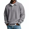 Men casual waffle knit long sleeve polo shirt grey top detailed view texture style - Gray