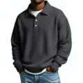 Men's waffle knit long sleeve polo shirt casual solid color vintage style fashion top. - Dark Gray
