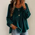 Women elegant green velvet long sleeve blouse scoop neck pleated casual top detail view. - Dark Green