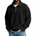 Men's black waffle knit polo shirt casual long sleeve button top with white t-shirt - Black