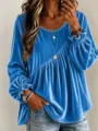 Detailed view of women velvet long sleeve blouse, casual crew neck irregular pleated design. - Lake Blue