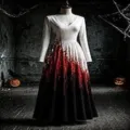 Halloween Women Long Sleeve V-Neck A-Line Dress Gradient Red White Black Vintage Party Gown - S / Dresses / Black