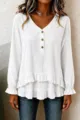 Top blanc élégant manches longues col V avec volants et boutons pour femme détail - S / Hauts / Blanc