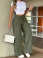 Pantalon ample décontracté pour femme avec pli central, taille haute lien coulissant. - S / Bas / Olive