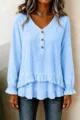 Light blue long sleeve ruffle V-neck blouse detail, showcasing unique layered hem design. - Sky Blue