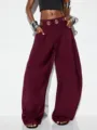 Bordeauxrode dames hoge taille harembroek met metalen ringen stijlvolle casual broek - S / Bottoms / Bordeauxrood