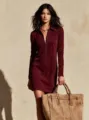 Robe mini zippée manches longues en suédine rétro femme, vue détail bordeaux élégante. - S / Robes / Rouge Vin (CG20152)