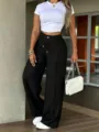 Pantalon casual femme taille haute jambe large avec pli central et cordon de serrage. - S / Bas / Noir