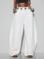 Witte harembroek met hoge taille en opvallende zilveren metalen oogjes bij de tailleband. - S / Bottoms / Wit