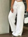 Detail de pantalon ample blanc avec plis centraux, lien de serrage et tombé élégant. - S / Bas / Blanc
