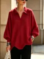 Cozy red knit sweater featuring a stylish lapel, V-neck, and trendy lantern long sleeves. - Burgundy