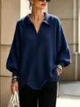 Pull en tricot surdimensionné col V femme unie manches lanterne revers haut automne hiver mode. - S / Hauts / Bleu marine