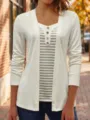 Femme haut manches longues faux deux pièces rayé col cœur bouton détail - S / Hauts / Abricot