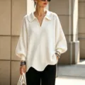 Pull-over en tricot blanc à col revers manches lanternes col V ample style automne femme - S / Hauts / Ivoire