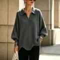Pull en tricot à revers et manches lanternes pour femme, élégant haut ample d'automne hiver. - S / Hauts / Gris foncé