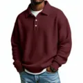 Chemise Polo Homme Manches Longues en Tricot Gaufré Unie Bordeaux Haut Décontracté - M / Hauts / Bordeaux
