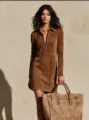 Robe courte femme style western vintage en daim marron à manches longues et col zippé - S / Robes / Brun Foncé (CG20152)