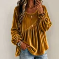 Women solid color velvet round neck long sleeve loose irregular pleated casual blouse top - Turmeric
