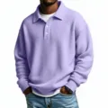 Men's Solid Color Waffle Knit Long Sleeve Polo Shirt Casual Fall Top Comfortable - Purple