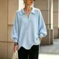 Light blue lapel V-neck lantern sleeve knit sweater, loose casual women's pullover sweater - Sky Blue