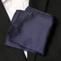 Detail view of men's dark blue pocket square with subtle white dots, elegant suit accessory. - Navy Dots Style / 1 Piece