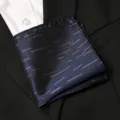 Detailed view of dark blue mens pocket square featuring elegant gold and silver dash patterns. - Blue Meteor Geometric Style / 1 Piece