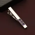 Men's silver-tone tie clip featuring three elegant square purple crystal embellishments for business formal attire. - Purple Rhinestone Tie Clip (599) / Gift Box / Purple
