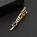Herren goldfarbene Krawattenklammer mit dunkelblauem Sandstein und Strass Detail - Goldene Krokodilklemme (LDJ001) / Geschenkbox / Stern Diamant Gold