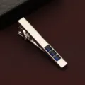 Elegant silver men tie clip featuring three square blue crystal stones for formal business wear. - Dark Blue Rhinestone Tie Clip (599) / Gift Box / Ink Blue