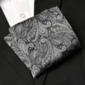 Classic black and white paisley pocket square detail, elegant polyester men handkerchief. - Gray Patterned Style