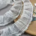 Detailed view of 7cm double layer white chiffon lace trim with delicate pearls for DIY crafts. - White Style B / 7cm Wide