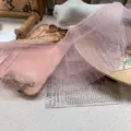 Detail view of pink pleated tulle lace trim, double layer mesh fabric for DIY doll clothes. - 12cm / Light Pink