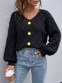 Damen schwarzer V-Ausschnitt Strickpullover Langarm Rautenmuster lässiges modisches Oberteil - S / Oberteile / Schwarz