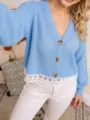 Women's light blue knit cardigan featuring a V-neck, single-breasted buttons, and a chic white lace hem. - S / Tops / Sky Blue