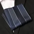 Men's dark blue striped polyester pocket square, elegant suit handkerchief detail display. - Navy Wide Twill Style